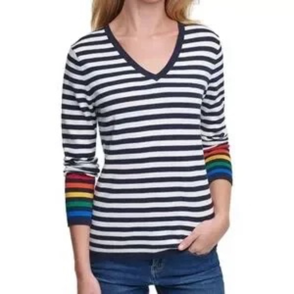 Tommy Hilfiger Striped Ivy V-Neck Sweater with Rainbow Sleeves Medium NWOT